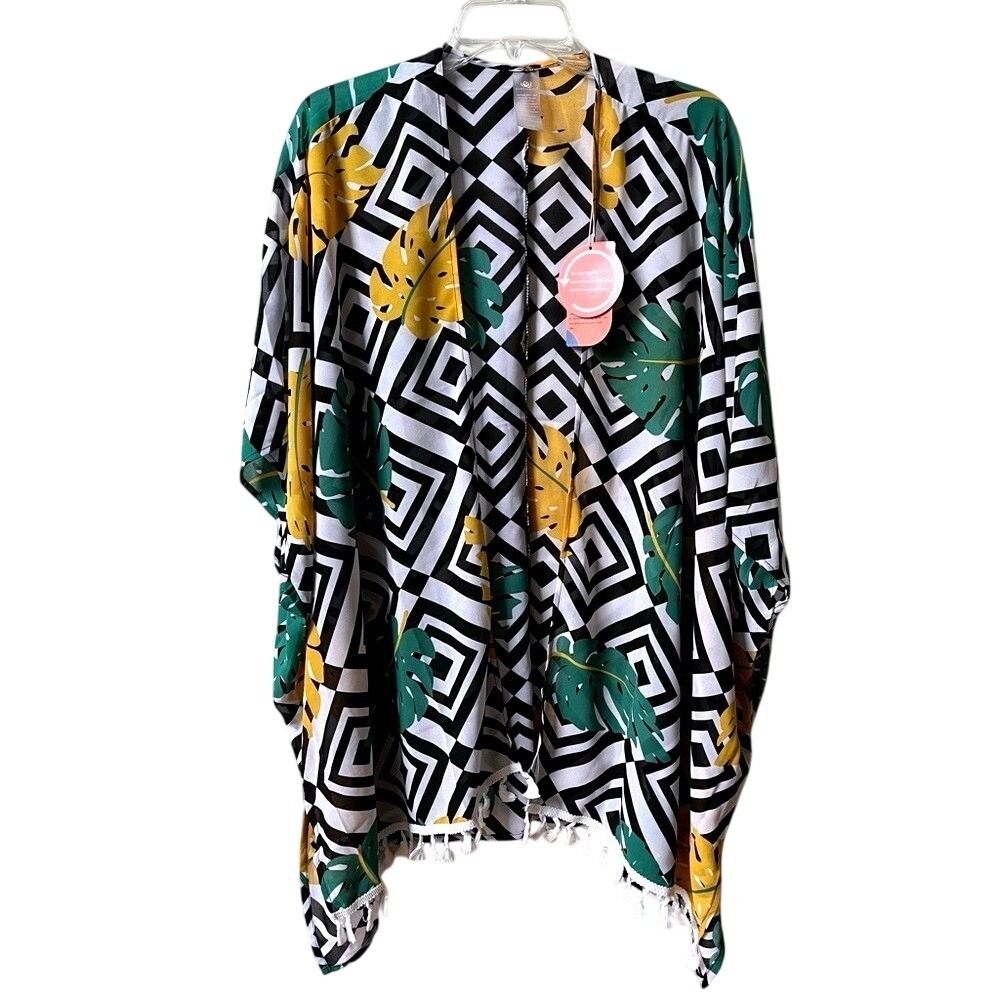 As Rose Rich Tropical Leaf Kimono Wrap Cover Up Womens Large Black White NWT